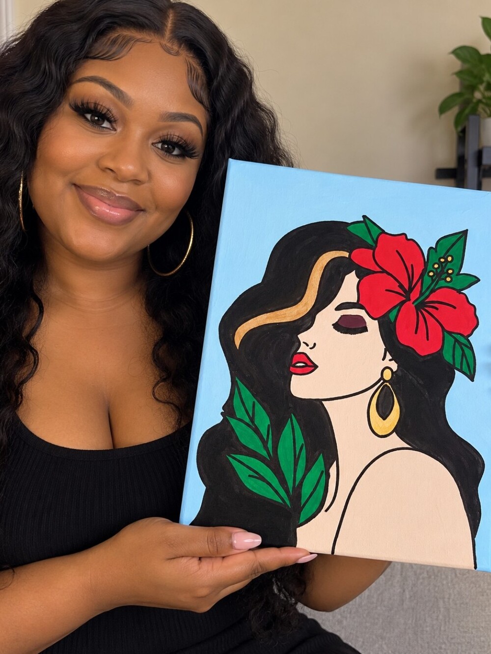 Hand Painted Boho Woman Floral Canvas Painting Hibiscus Original Art 9x12